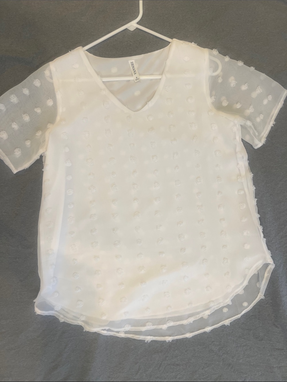 Zenana Outfitters White Swiss Dot V-Neck Sheer Sleeve Blouse